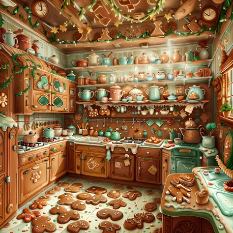 spacious，a detailed，gingerbread ai kitchen