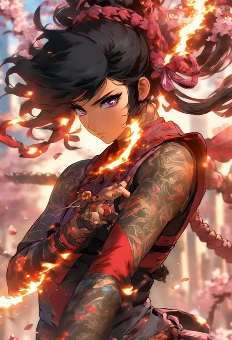 The most beautiful and sexy ninja warrior princess, black hair, purple eyes, wearing the most beautiful and incredibly detailed battle armor, tons of tattoos and piercings, cherry blossoms blowing in the wind, perfect masterpiece, high quality, high resolu...