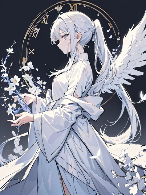 masterpiece, acura, 1girl, solo, mage robes, long ponytail white hair, angelic wings, profile close-up, flower line drawing background, clock background, monochrome, line drawing, looking at viewer, grey eyes, thinking pose ((sketch))