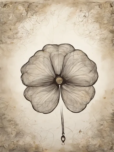 Create an exquisite ink design on white paper that forms a seamless, multiple exposure piece of art. This piece aims to combine the voluminous shaded silhouette of the golden four-leaf clover with the burning candle. Create a harmonious and unique composit...