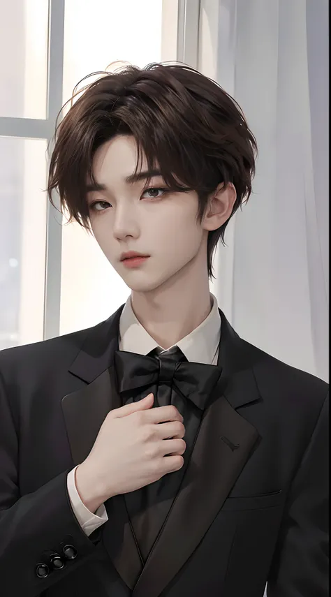 ((4K works))、​masterpiece、（top-quality)、((high-level image quality))、((One Manly Boy))、Slim body、((Man in black tuxedo))、(Detailed beautiful eyes)、window、deacon、Face similar to Chaewon in Ruseraphim、((short hair above the ears))、((Smaller face))、((Neutral ...