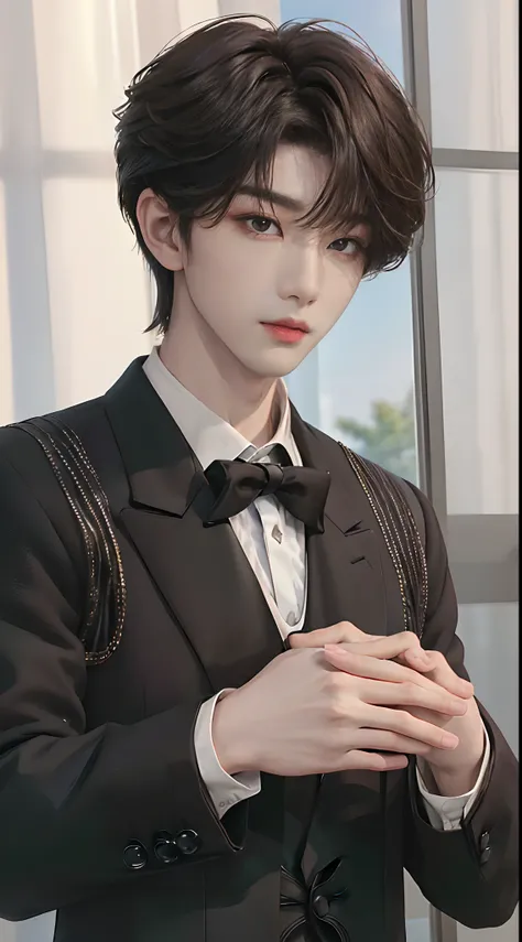 ((4K works))、​masterpiece、（top-quality)、((high-level image quality))、((One Manly Boy))、Slim body、((Man in black tuxedo))、(Detailed beautiful eyes)、window、deacon、Face similar to Chaewon in Ruseraphim、((short hair above the ears))、((Smaller face))、((Neutral ...