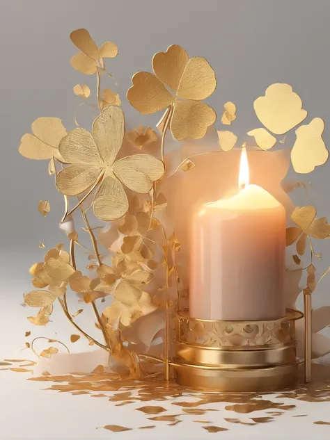 Create an exquisite ink design on white paper that forms a seamless, multiple exposure piece of art. This piece aims to combine the voluminous shaded silhouette of the golden four-leaf clover with the burning candle. Create a harmonious and unique composit...