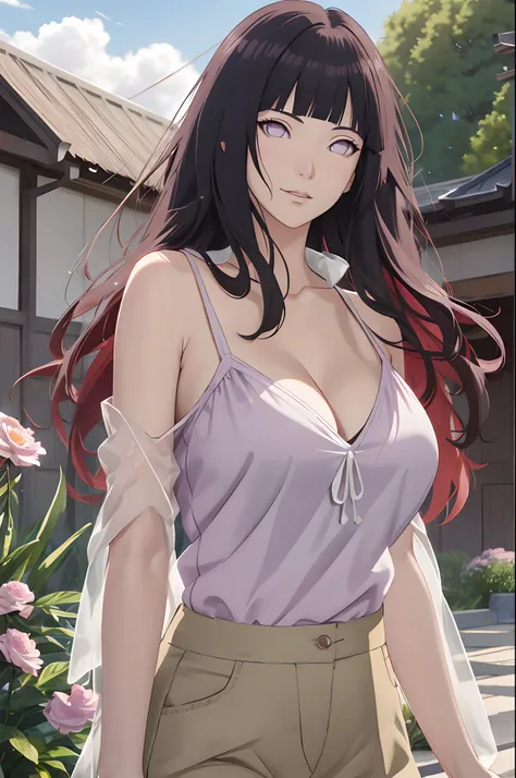 tmasterpiece， hoang lap， hyouka（Boruto）， 1girll， 独奏，a mature female， Purple slip dress，cleavage，Large breasts，Brown pants，exteriors，Lavender flower field， looking at viewert， （Falling petals）， mostly cloudy sky， perfect compositions， Detailed lips，， beauit...