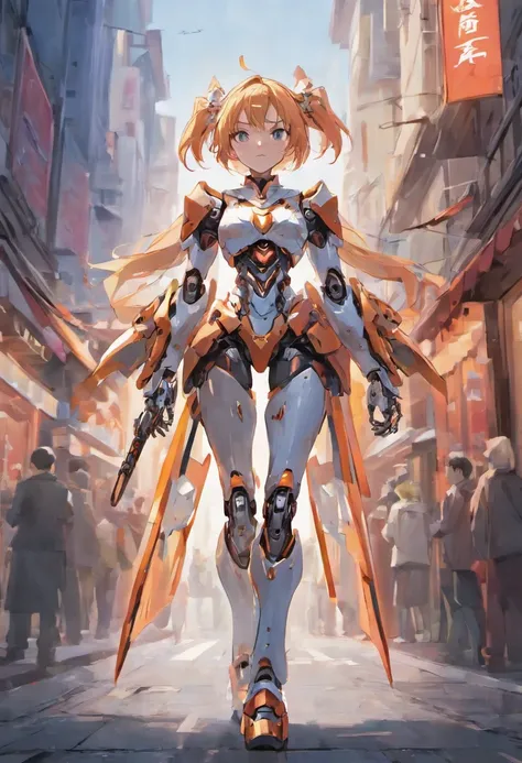 Female robot knight，wearing a mecha，Run through the streets，Whole body diagram，