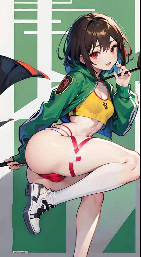 X-rated，undertale，chara，teens girl，red - eyed，sexy for，green color，Chest leakage，Crop tops，hot pant，stocklings，Full body standing painting，tempting pose，with short brown hair，Be red in the face，Underwear model，Lust，Hand repair，the detail，Sex clothes，k hd，N...