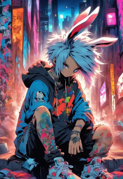 A cool and trendy rabbit, white hair, blue eyes, wearing trendy hip hop clothing, wearing a hoodie, graphic t-shirt and torn jeans, tons of tattoos and piercings, graffiti style background, highly detailed background, perfect masterpiece, high quality, hig...