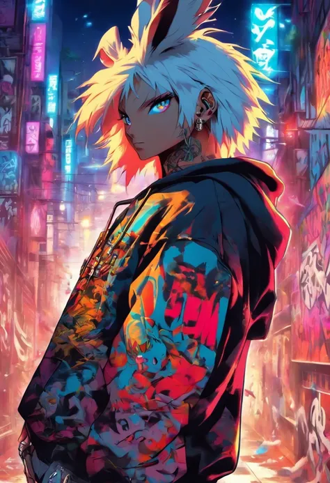 A cool and trendy rabbit, white hair, blue eyes, wearing trendy hip hop clothing, wearing a hoodie, graphic t-shirt and torn jeans, tons of tattoos and piercings, graffiti style background, highly detailed background, perfect masterpiece, high quality, hig...