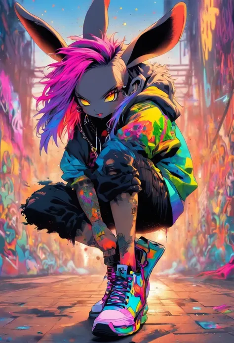 A cool and trendy rabbit, rainbow colored hair, yellow eyes, wearing trendy hip hop clothing, wearing a hoodie, graphic t-shirt and torn jeans, tons of tattoos and piercings, graffiti style background, highly detailed background, perfect masterpiece, high ...