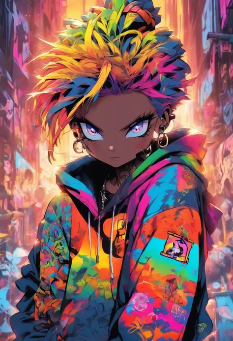 A cool and trendy rabbit, rainbow colored hair, yellow eyes, wearing trendy hip hop clothing, wearing a hoodie, graphic t-shirt and torn jeans, tons of tattoos and piercings, graffiti style background, highly detailed background, perfect masterpiece, high ...