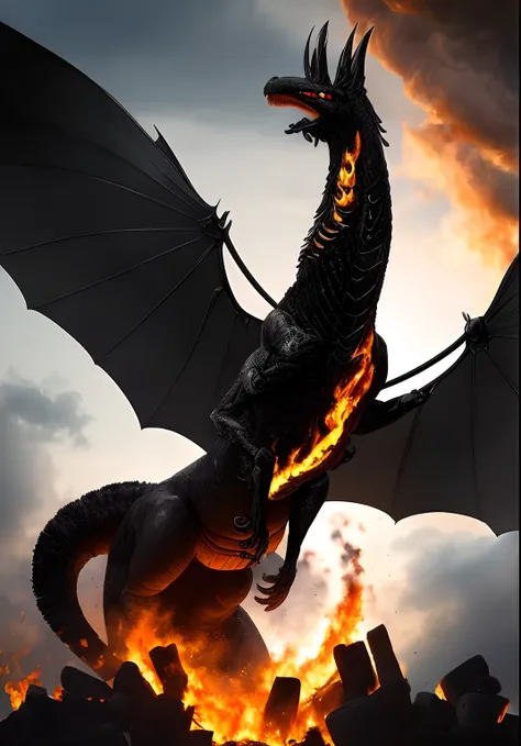 A wide shot of a large black colored dragon with a silver under belly and a long neck and tail burning down an ancient medical kingdom with its fire breath