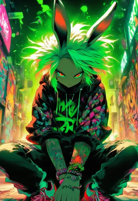 A cool and trendy rabbit, white hair, green eyes, wearing trendy hip hop clothing, wearing a hoodie, graphic t-shirt and torn jeans, tons of tattoos and piercings, graffiti style background, highly detailed background, perfect masterpiece, high quality, hi...