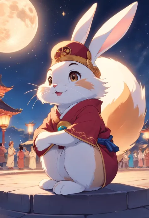 A traditional Chinese rabbit，Wearing the costumes and hats of ancient Chinese scholars，Sitting on the round moon，The background is dreamy space，Mooncakes in both hands，a plush，adolable，Mid-Autumn Festival，Chinese elements， Pastel Caroline Chariot - Dayez， ...