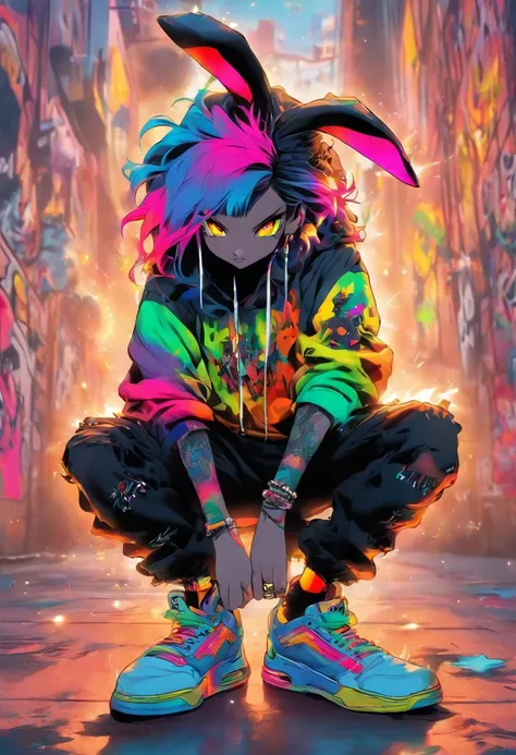 A cool and trendy rabbit, rainbow colored hair, yellow eyes, wearing trendy hip hop clothing, wearing a hoodie, graphic t-shirt and torn jeans, tons of tattoos and piercings, graffiti style background, highly detailed background, perfect masterpiece, high ...