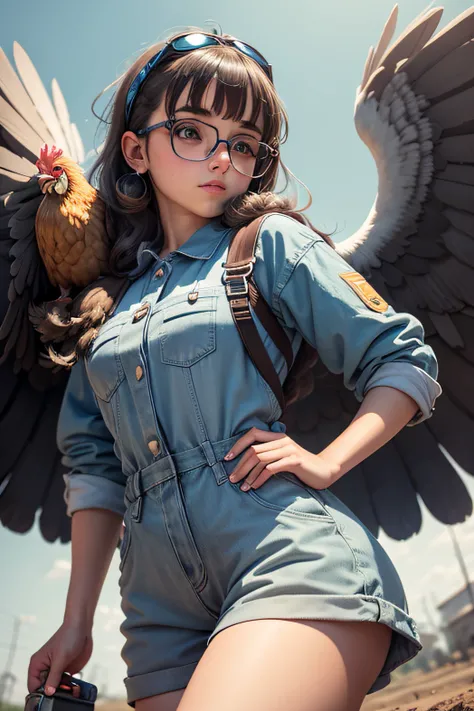 menina magrela e baixinha, wearing big glasses, fluttering hair, wearing a wide farm jumpsuit, holding a small gray chicken in his hands, uma cidade da era da pedra de paisagem, Design equilibrado, perfect composition, Innovative graphic design using high-...