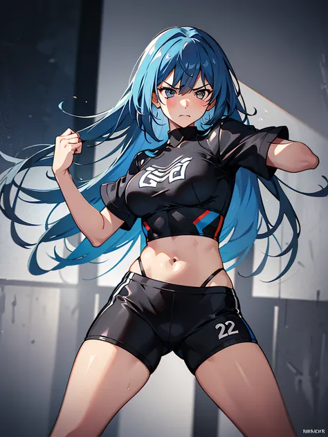 young girl, Long blue hair, Black eyes, Black T-shirt, Red BREAK white sports shorts, Angry, Fighting stance, Imposing，Masterpiece, High quality