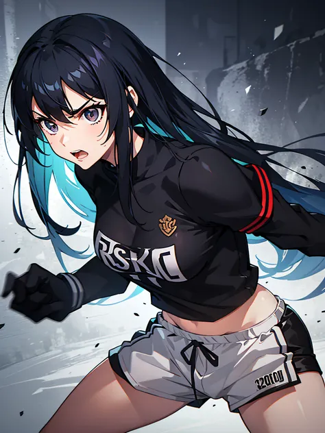 young girl, Long blue hair, Black eyes, Black T-shirt, Red BREAK white sports shorts, Angry, Fighting stance, Imposing，Masterpiece, High quality