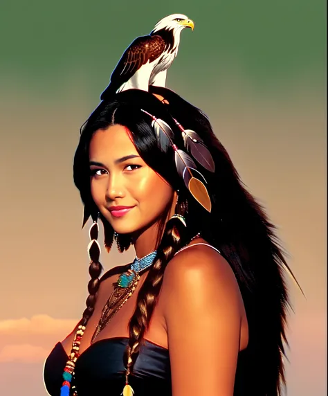 Cherokee woman flowing black hair,  with a braid, adorned with an eagle feather attached to the braid holding a ceremonial bow, em um desfiladeiro, iluminado pela lua cheia