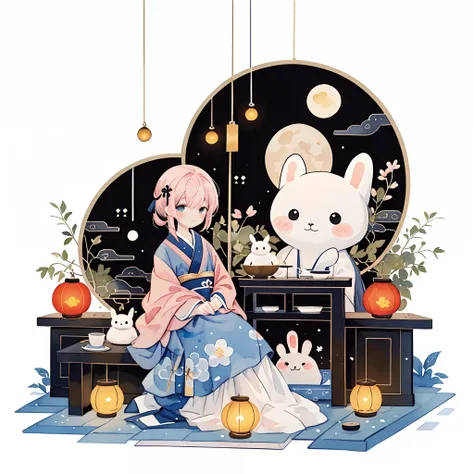 (pastelcolor:1.3)、(cute illustration:1.3)、(watercolor paiting:1.1),（a rabbit：1.4）, sat on the ground, looking up, （（mid-autumn f...