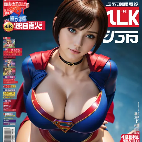 (Best Quality,4K,8K,hight resolution,masutepiece:1.2),Ultra-detailed,Realistic:1.37,Super masterpiece,Short-haired Supergirl、large full breasts、Looking at the camera、Glossy costume、a choker、Too short miniskirt、Weekly magazine cover、featuring