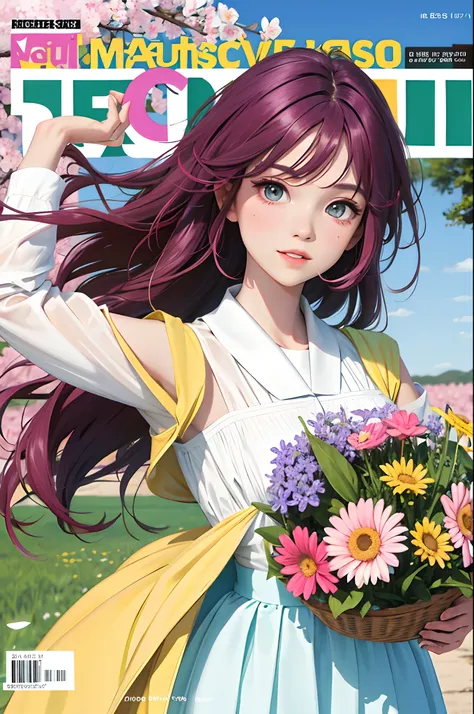 masterpiece, best quality, spring outfit, colorful hair,  en plein air, magazinecover ,upper body,