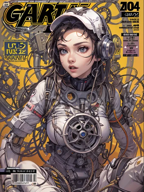 comic magazine cover, garota fofa:1.2, techwear outfits, mechanical spiders, electric cables, gear wheel, lap, fractals, art  st...