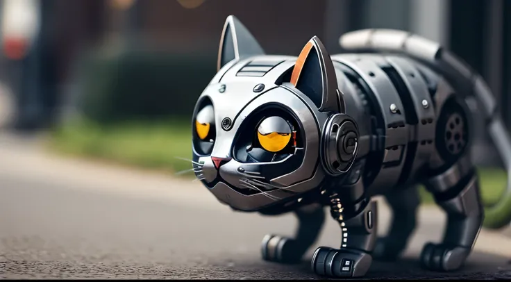 cute cyborg cat, half made of metal