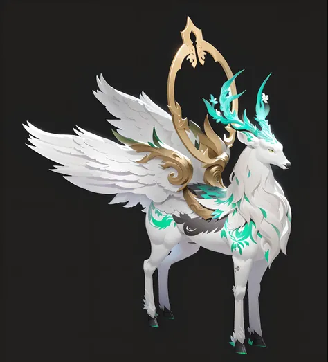 best qualtiy，8K，Works of masters，super-fine，（Simple black background）Tone muscles，Oriental mythical beasts，Rui Beast White Deer，Deer head，deer antlers，metalictexture，The body grows wings，White feathers，horn，The flowers grow on the horns，green leaf，runic，Ta...