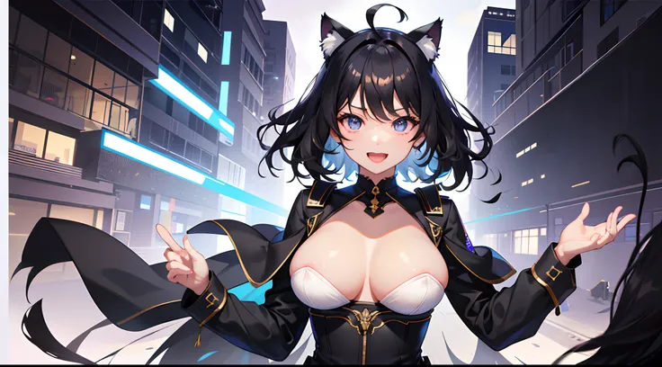 Cute backgrounds, 1girl in, Open mouth, Smile,、girl with、((Best Quality, high_resolution, Distinct_image)),(Black hair), (Black cat ears), (Ahoge), (absurdly short hair), (Wavy Hair), (Blue eyes),、very large breast、A smile、((View Viewer))、Choker to wrap ar...