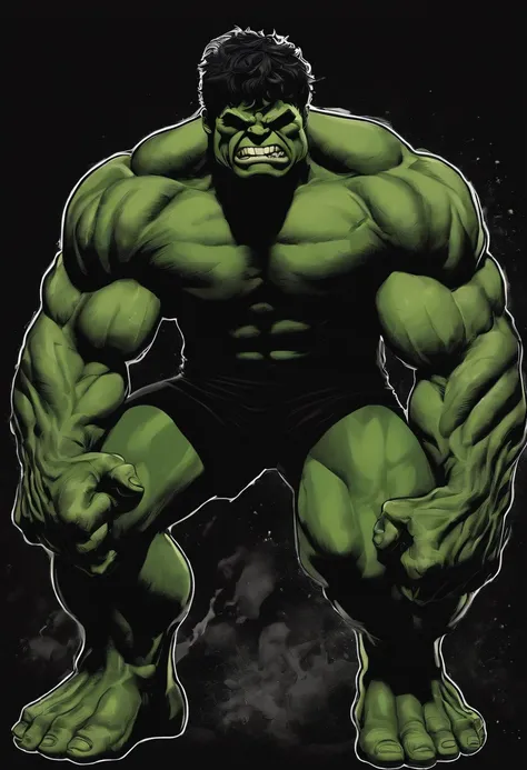 /Imagine Prompt: Hulk illustration for a sticker with black background, en negrita, bordes dentados, Trashcore, sombreado claro --v 5.2