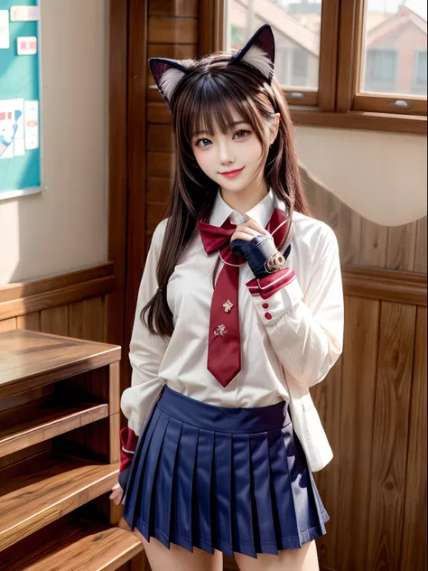 (masterpiece, best quality), 1 beautiful girl, cat ears, smile, slim body, (school uniform:1.1), (detailed beautiful eyes), paw gloves, bedroom, indoors,