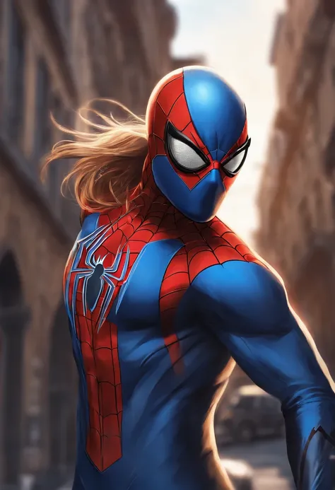 (masterpiece),(best quality:1.0), (ultra highres:1.0), detailed illustration, 8k, anime, spiderman with half mask, cool body shape , wearing spiderman suit with bosnian flag colors from the 90s(blue white and gold), metal suit, scared face, detailed face,m...