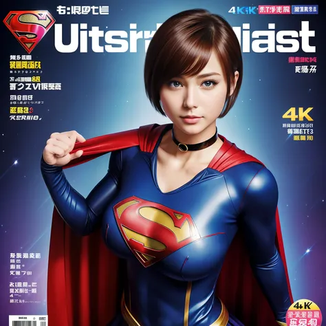 (Best Quality,4K,8K,hight resolution,masutepiece:1.2),Ultra-detailed,Realistic:1.37,Super masterpiece,Short-haired Supergirl、large full breasts、Looking at the camera、Glossy costume、a choker、Too short miniskirt、Weekly magazine cover、featuring