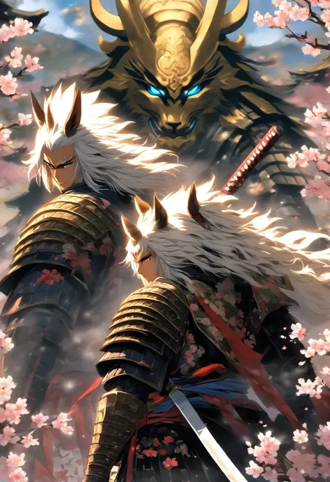 2 brave and noble cat samurai warriors standing back to back, white hair, blue eyes, incredibly detailed black samurai armor with mounted sashimono war flag, cherry blossoms blowing in the wind, perfect masterpiece, high quality, high resolution