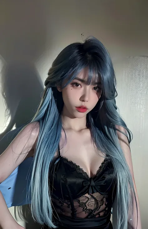 Best quality, masterpiece, ultra high res, (photorealistic:1.4), raw photo, 1girl, ((black lace nightgown)), ((small breast)), cold light, moles, ((light blue hair)), full lips, long hair, (downturned eyes), chubby cheeks, purple lipstick