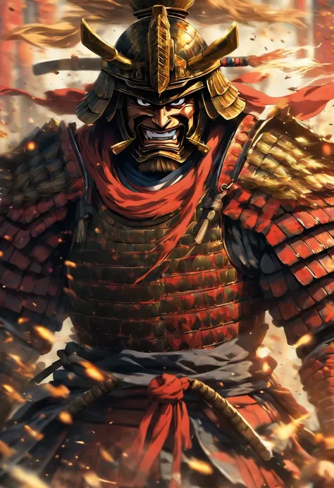 An enormous samurai armor running towards the camera into battle, army running towards the camera, perfect masterpiece, high quality, high resolution