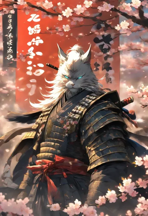 The most brave and noble cat samurai warrior, white hair, blue eyes, incredibly detailed black samurai armor with mounted sashimono war flag, cherry blossoms blowing in the wind, perfect masterpiece, high quality, high resolution