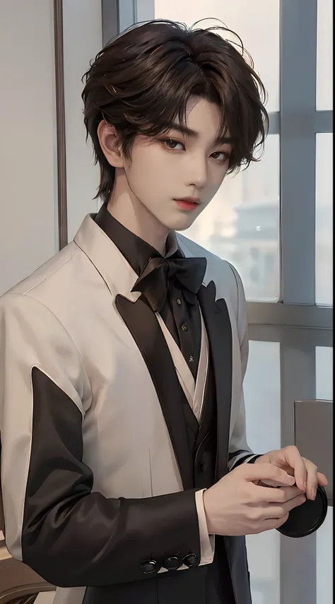 ((4K works))、​masterpiece、（top-quality)、((high-level image quality))、((One Manly Boy))、Slim body、((Man in black tuxedo))、(Detailed beautiful eyes)、window、deacon、Face similar to Chaewon in Ruseraphim、((short hair above the ears))、((Smaller face))、((Neutral ...