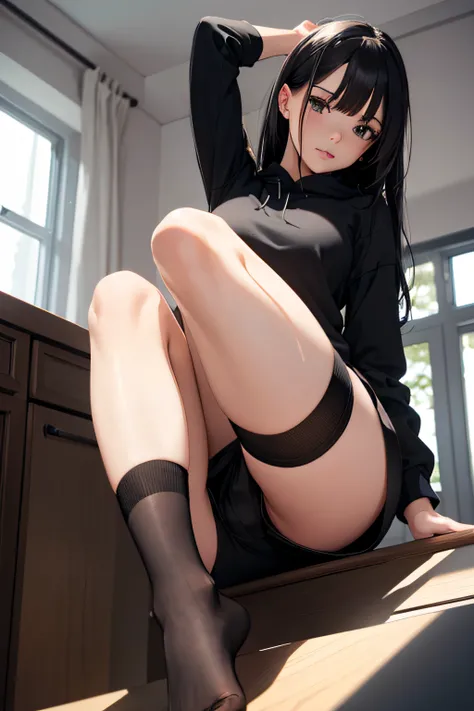 a girl in sweatshirt, ((black shorts)), ((a view from below)), long stockings or pantyhose, medium breasts, legs open, (very detailed), (perfectly detailed face), (detailed hand), photorealistic image.