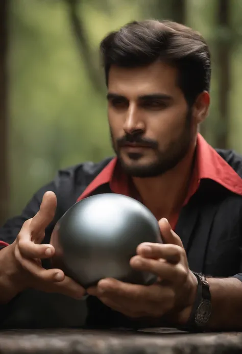 (man holds metal ball), and metal cylinder.