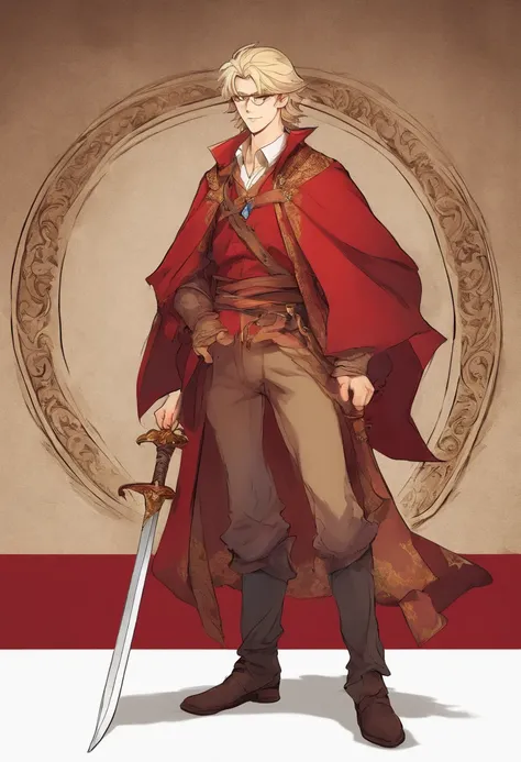 male, young adult, noble, wizard, blonde, detailed face, detailed hands, red noble clothes, glasses, smart, cocky looking, confident, library background, snob