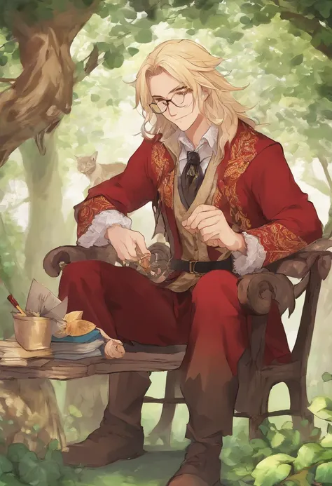 male, young adult, noble, wizard, blonde, detailed face, detailed hands, red noble clothes, glasses, smart, cocky looking, confident, library background, snob