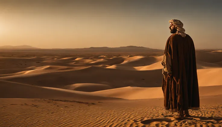 Homem encapuzado andando no deserto, Hold hands with the team, In the background of the sky, portrait of bedouin d&d, ainda do Filmes live-action, supervision: Directed by: Étienne Delessert, Fotografia IMAX, James Gurney e Andreas Rocha, Filme duna 2020, ...