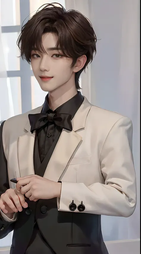 ((4K works))、​masterpiece、（top-quality)、((high-level image quality))、((One Manly Boy))、Slim body、((Man in black tuxedo))、(Detailed beautiful eyes)、window、deacon、Face similar to Chaewon in Ruseraphim、((short hair above the ears))、((Smaller face))、((Neutral ...