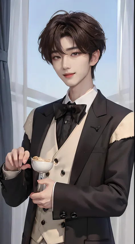 ((4K works))、​masterpiece、（top-quality)、((high-level image quality))、((One Manly Boy))、Slim body、((Man in black tuxedo))、(Detailed beautiful eyes)、window、deacon、Face similar to Chaewon in Ruseraphim、((short hair above the ears))、((Smaller face))、((Neutral ...