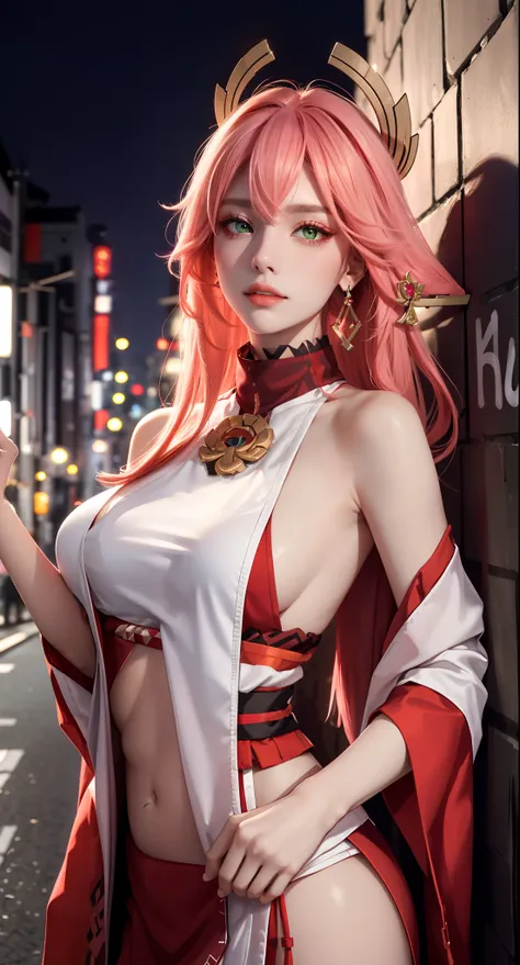 (Masterpiece, Excellent, 1girl, solo, complex details, color difference), realism, ((medium breath)), off-the-shoulders, big breasts, sexy, Yae Miko, long pink hair, red headdress, red highlight, hair above one eye, green eyes, earrings, sharp eyes, perfec...