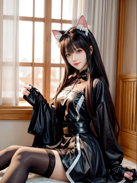 （tmasterpiece，best qualtiy）， 1 beutiful girl， Cat ears， ssmile， Slim body， （校服：1.1）， （Detailed beautiful eyes）， paw mittens， Bedrooms， inside in room，blackstockings