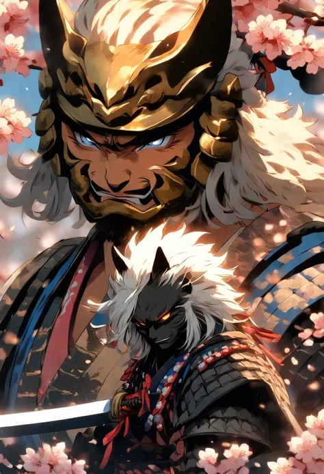 The most brave and noble cat samurai warrior drawing his sword going into battle, white hair, blue eyes, incredibly detailed black samurai armor with mounted sashimono war flag, cherry blossoms blowing in the wind, perfect masterpiece, high quality, high r...