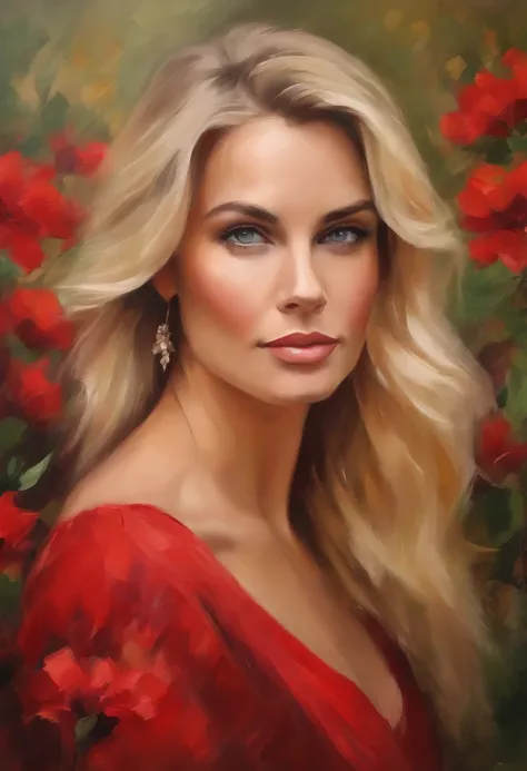 Female portrait, beautiful woman, blond hair, eyes looking at camera, red dress, acrylic painting, impressionist style, floral background, heavy brush stokes, vibrant colors, textured paint, fine art painting.