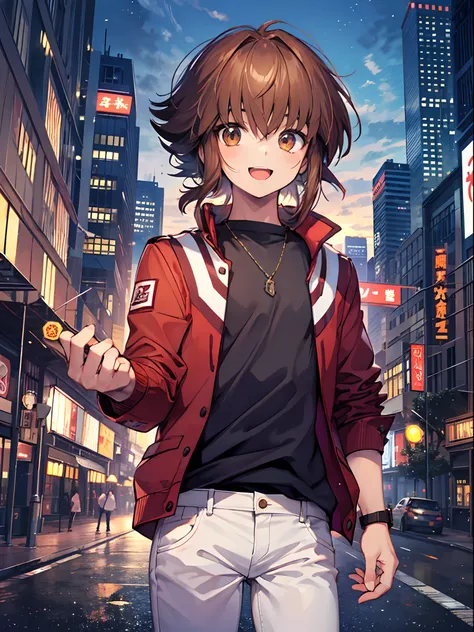 yuuki judai, 1boy, brown hair, solo, red jacket, bangs, black shirt, open jacket, hair between eye, open mouth, smile, white pan...